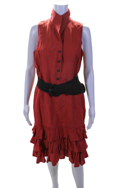 Lafayette 148 New York Women Ruffled Hem Sleeveless Fit & Flare Belted Dress Red