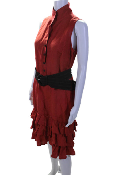 Lafayette 148 New York Women Ruffled Hem Sleeveless Fit & Flare Belted Dress Red