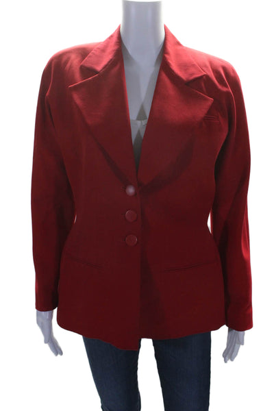 Tahari Womens Wide Lapel Three Button Long Sleeves Blazer Jacket Red Wool Size 8