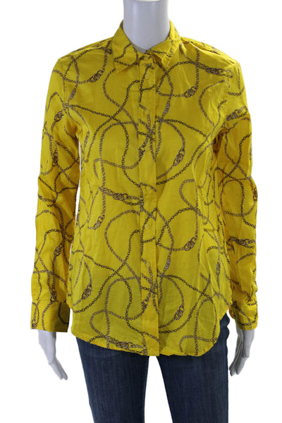 Lauren Ralph Lauren Womens Cotton Chain Print Button Up Blouse Top Yellow Size S