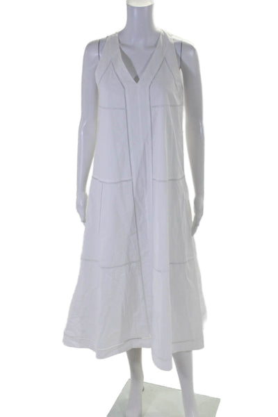 Theory Women's V-Neck Sleeveless Eyelet A-Line Cotton Midi Dress White Size 2