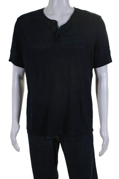 Vince Mens Linen Short Sleeve Button Up Henley T shirt Blue Size L