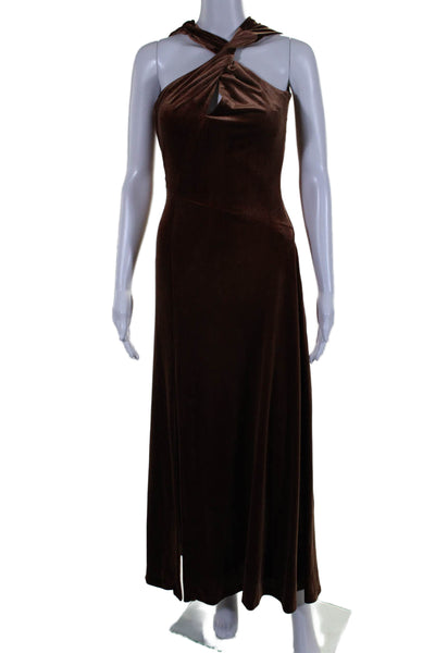 Halston Womens Velvet Sleeveless One Shoulder High Slit Gown Brown Size 2