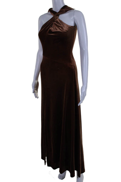 Halston Womens Velvet Sleeveless One Shoulder High Slit Gown Brown Size 2