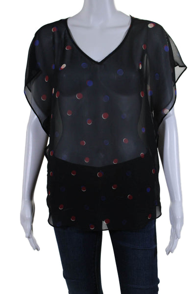 Armani Jeans Womens Short Sleeve V Neck Dotted Sheer Top Black Multi Size 2