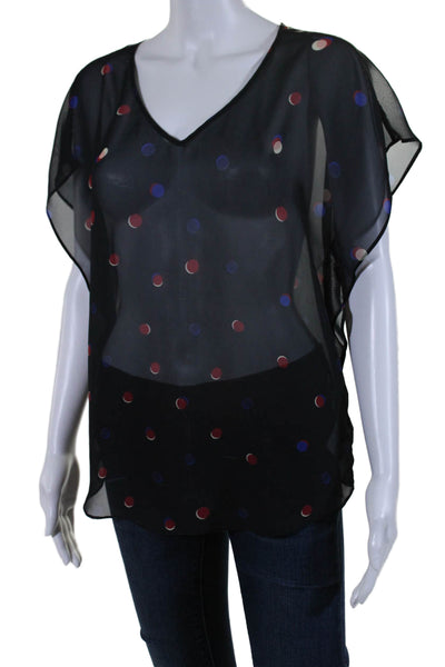 Armani Jeans Womens Short Sleeve V Neck Dotted Sheer Top Black Multi Size 2