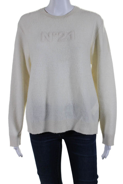 No21 Womens Long Sleeve Crew Neck Logo Sweatshirt White Wool Size IT 40