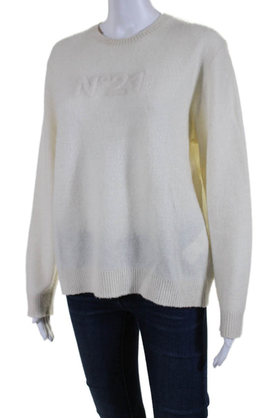 No21 Womens Long Sleeve Crew Neck Logo Sweatshirt White Wool Size IT 40