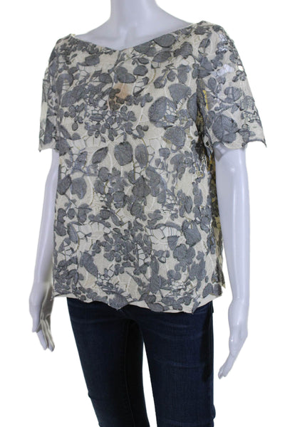 Tory Burch Womens Short Sleeve V Neck Lace Overlay Top Gray White Cotton Size 12