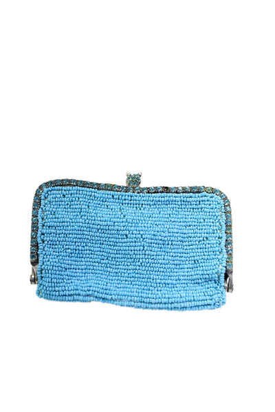 Clara Kasavina Womens Beaded Rhinestone Trim Kiss Lock Coin Purse Blue