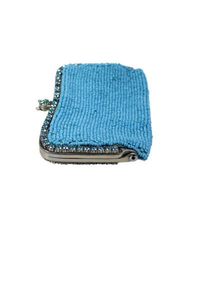 Clara Kasavina Womens Beaded Rhinestone Trim Kiss Lock Coin Purse Blue