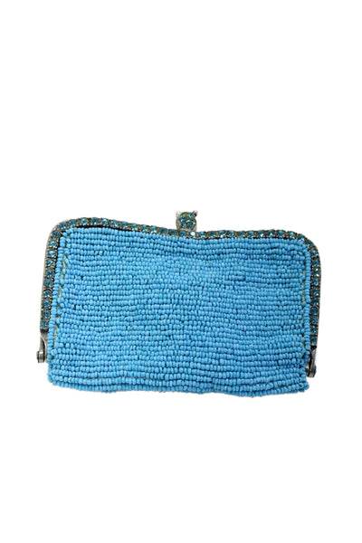 Clara Kasavina Womens Beaded Rhinestone Trim Kiss Lock Coin Purse Blue