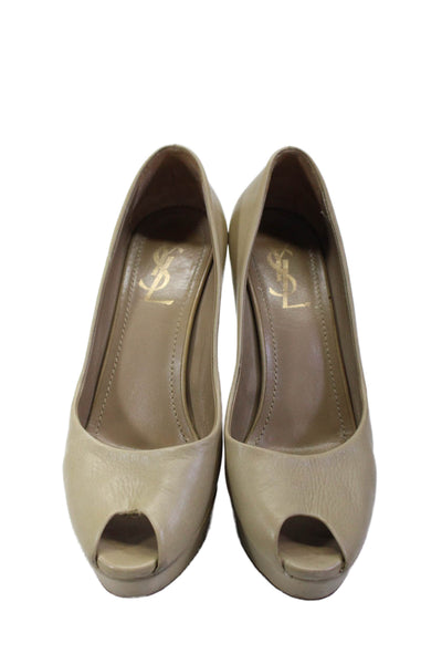 YSL Womens Slip On Open Toe High Stiletto Heels Leather Beige Size 7