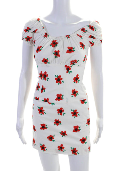 Caroline Constas Womens Cotton Floral Short Sleeve Mini Dress White Red Size XS