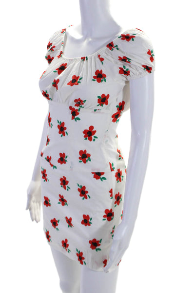 Caroline Constas Womens Cotton Floral Short Sleeve Mini Dress White Red Size XS