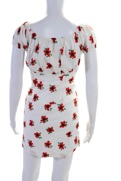 Caroline Constas Womens Cotton Floral Short Sleeve Mini Dress White Red Size XS