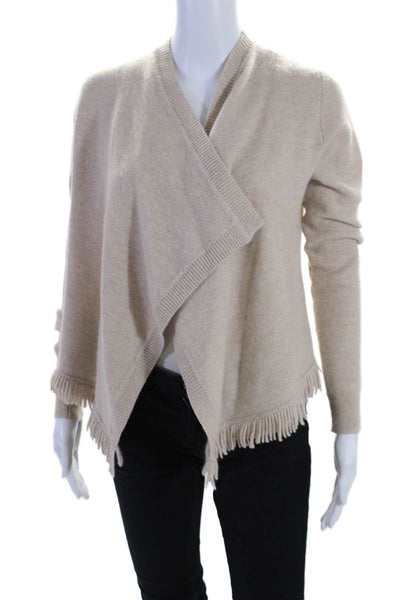 Saks Fifth Avenue Womens Cashmere Open Front Fringe Trim Cardigan Beige Size XS