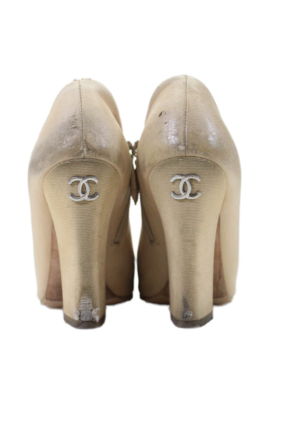 Chanel Womens Open Toe Side Zip High Block Heels Leather Beige Size 6