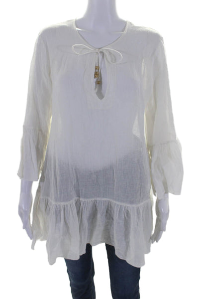 Eberjey Womens Sheer V-neck Bell Long Sleeve Tier Blouse White Size M