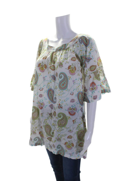 Graham Kandiah Womens Cotton Bell Sleeve Floral Print Top White Size S