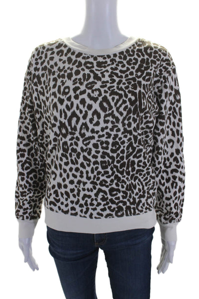 J Crew Womens Cotton Fleece Pullover Animal Print Long Sleeve Sweater Brown Size