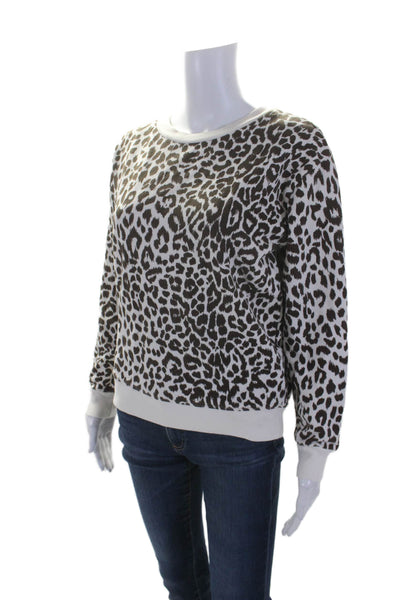 J Crew Womens Cotton Fleece Pullover Animal Print Long Sleeve Sweater Brown Size