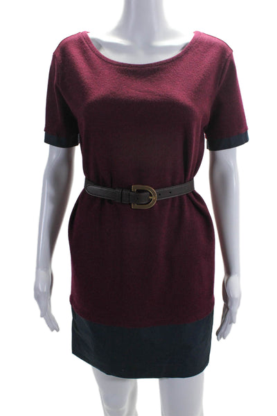 Fendi Womens Short Sleeves Belted Shift Dress Red Navy Blue Wool Size EUR 36