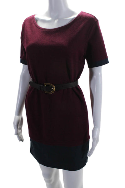 Fendi Womens Short Sleeves Belted Shift Dress Red Navy Blue Wool Size EUR 36