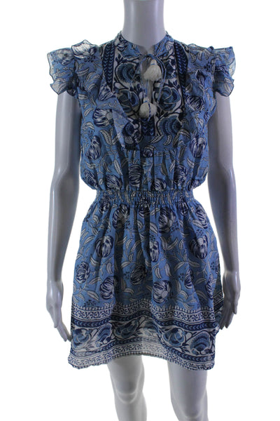 Nibi-MTK Womens Cotton Floral Print Ruched Empire Waist V-Neck Dress Blue Size S