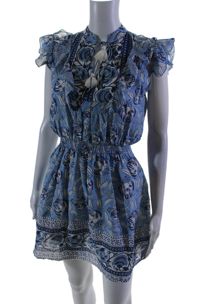 Nibi-MTK Womens Cotton Floral Print Ruched Empire Waist V-Neck Dress Blue Size S