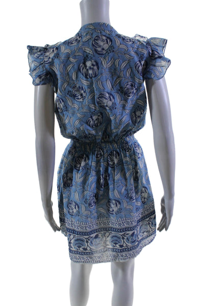 Nibi-MTK Womens Cotton Floral Print Ruched Empire Waist V-Neck Dress Blue Size S