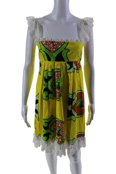 Tracy Feith Womens Cotton Floral Abstract Print Lace Trimmed Dress Yellow Size P