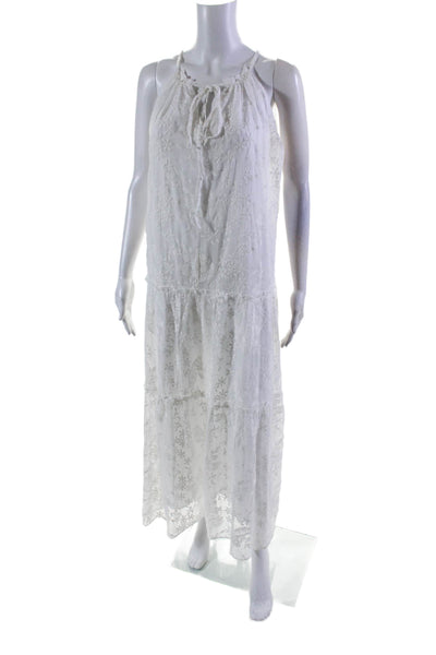 Drew Womens White Floral Embroidered Lined V-Neck Sleeveless A-Line Dress Size M