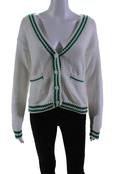 Olivaceous Womens White Green V-Neck Long Sleeve Cardigan Sweater Top Size S