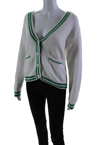 Olivaceous Womens White Green V-Neck Long Sleeve Cardigan Sweater Top Size S