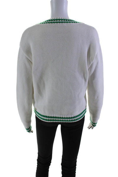 Olivaceous Womens White Green V-Neck Long Sleeve Cardigan Sweater Top Size S