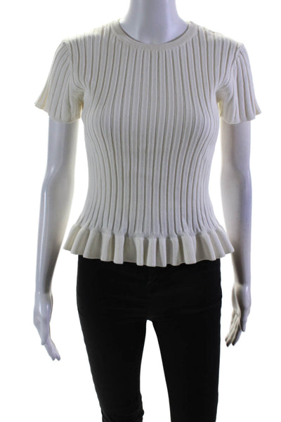 John + Jenn Womens Ribbed Texture Knit Ruffle High Neck Top White Size S