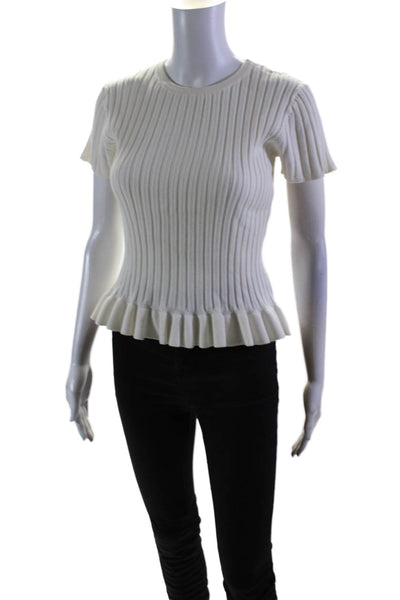 John + Jenn Womens Ribbed Texture Knit Ruffle High Neck Top White Size S