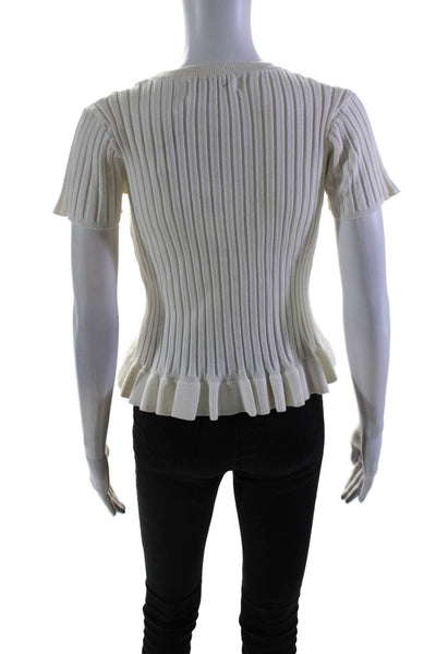 John + Jenn Womens Ribbed Texture Knit Ruffle High Neck Top White Size S