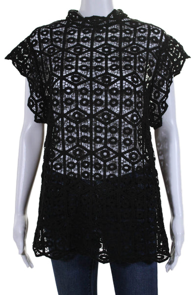 IRO Womens Crochet Mock Neck Short Cap Sleeves Blouse Black Size EUR 40