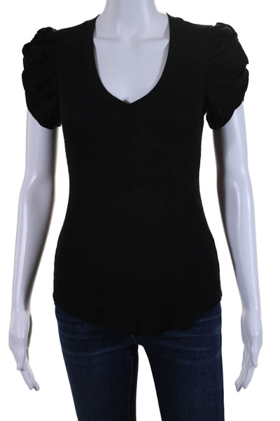 Sundays Women's V-Neck Puff Sleeves Ribbed Basic T-Shirt Black Size 0