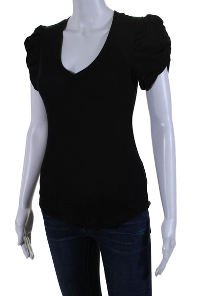 Sundays Women's V-Neck Puff Sleeves Ribbed Basic T-Shirt Black Size 0