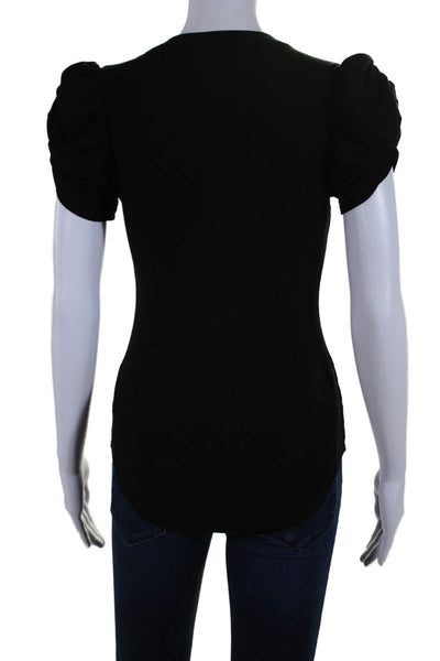 Sundays Women's V-Neck Puff Sleeves Ribbed Basic T-Shirt Black Size 0