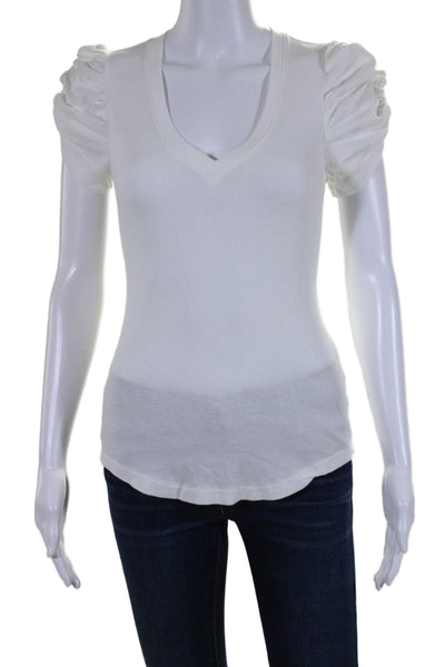 Sundays Women's V-Neck Puff Sleeves Ribbed Basic T-Shirt White Size 0