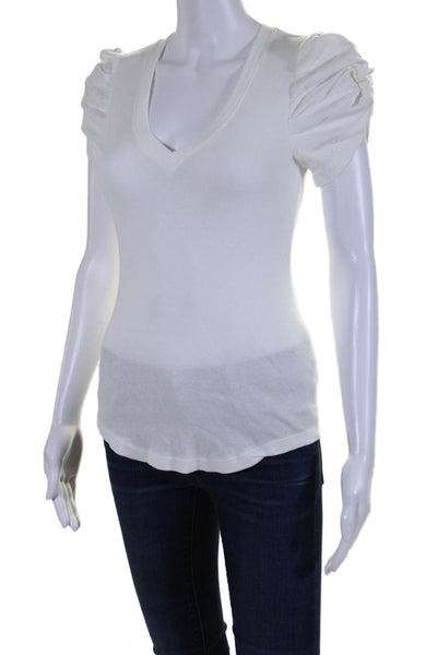 Sundays Women's V-Neck Puff Sleeves Ribbed Basic T-Shirt White Size 0