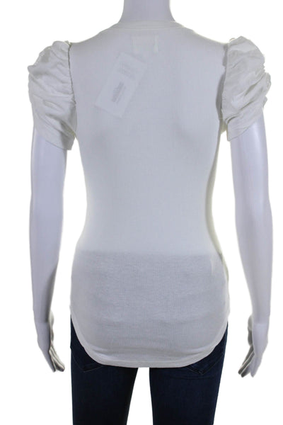 Sundays Women's V-Neck Puff Sleeves Ribbed Basic T-Shirt White Size 0