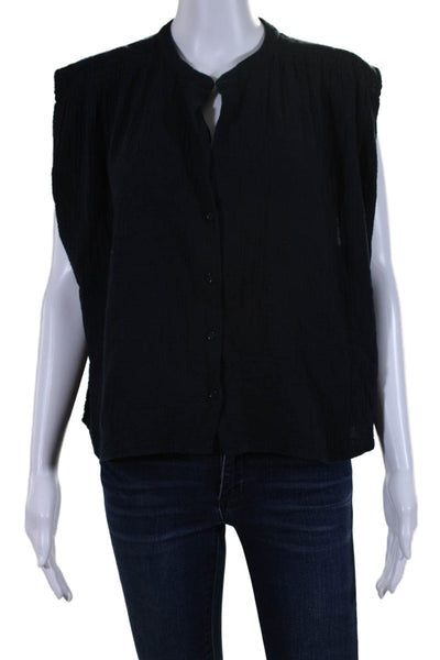 Sundays Women's Round Neck Sleeveless Button Down Shirt Navy Blue Size S