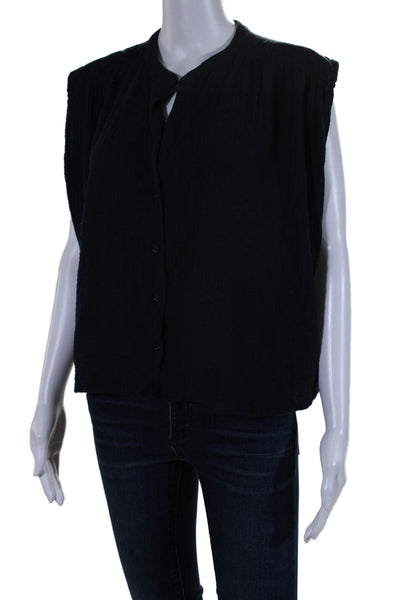 Sundays Women's Round Neck Sleeveless Button Down Shirt Navy Blue Size S