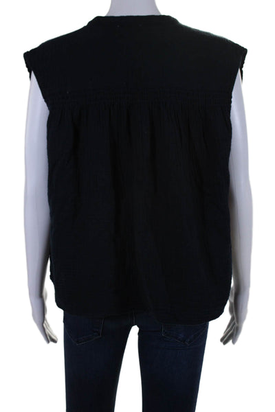 Sundays Women's Round Neck Sleeveless Button Down Shirt Navy Blue Size S