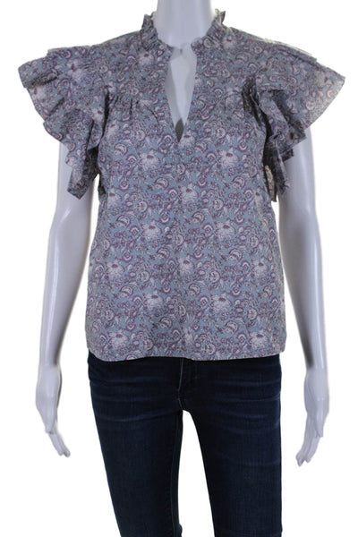 Sundays Women's Ruffle V-Neck Flutter Sleeves Floral Casual Blouse Size S